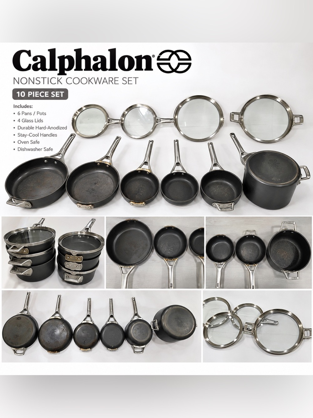 Calphalon Nonstick Cookware Set 6 Pots & Pans + 4 Lids Hard-Anodized Used